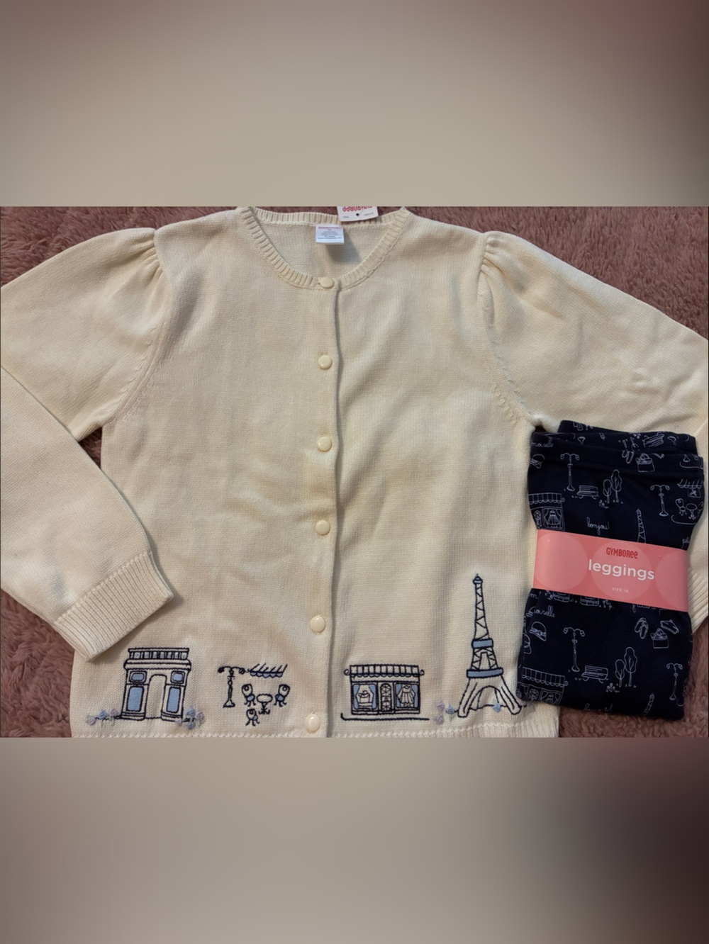 Gymboree Petite Mademoiselle Cream Cardigan with Navy Paris Skyline leggings